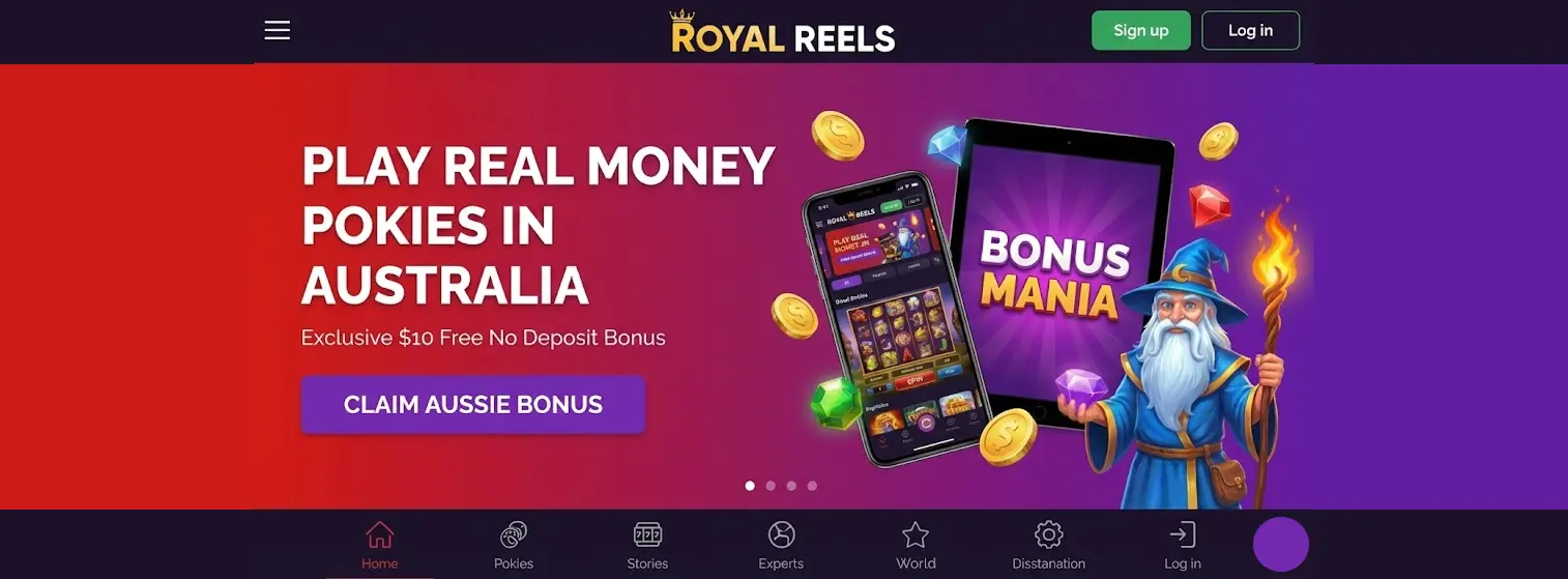 Banner with pokies Royal Reels casino for real money and bonuses