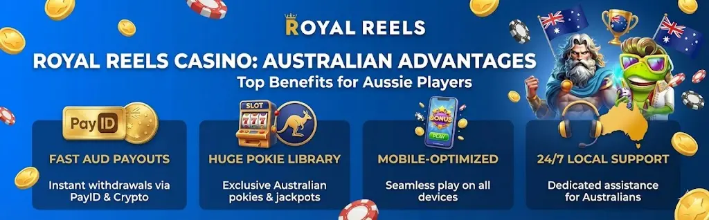 Feature list Royal Reels Australia showing casino advantages