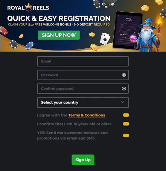 Signup form Royal Reels Australia for easy account creation